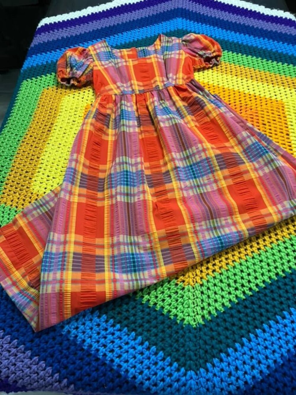 70's Vintage Vicky Vaughn Red Blue Orange Yellow Autumn Plaid Prairie Maxi Dress